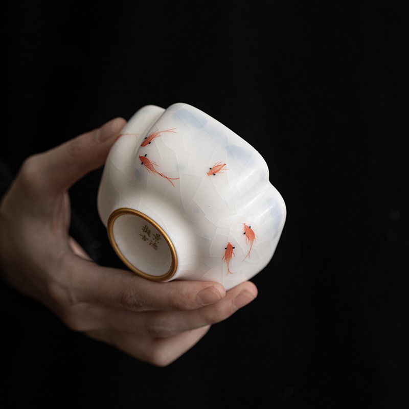 Cốc trà sứ trắng cao cấp, bộ trà kungfu, cốc chủ lò Ru, chén trà đơn, sứ vẽ tay, quà lưu niệm cá