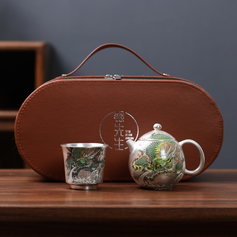 Ấm trà bạc rồng xanh tráng men Dehua ấm trà ngàn hoa mạ bạc bộ trà Kung Fu cao cấp dành cho nữ