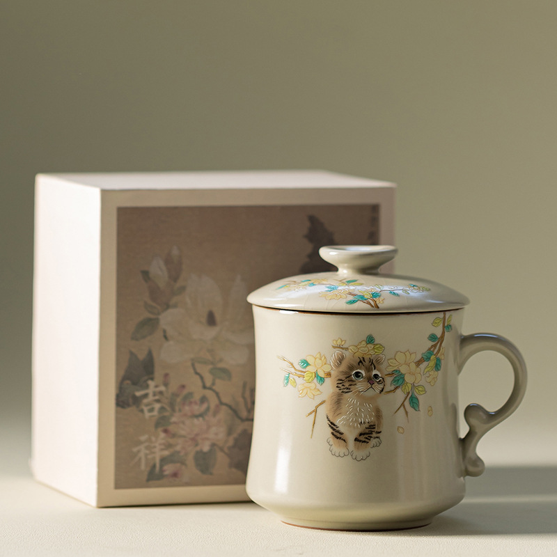 Cốc nước hình mặt trăng lưỡi liềm mèo hoa vàng Ru Kiln theo phong cách cổ điển dành cho gia đình và văn phòng, cốc tách trà và nước bằng gốm sứ bị phân mảnh.