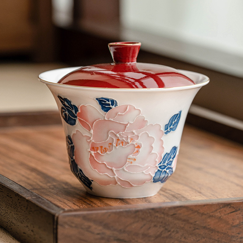 Bát hai nắp hoa mẫu đơn vẽ tay, bộ trà Kung Fu gốm sứ cao cấp, cốc trà gia dụng, bát trà không nóng đơn