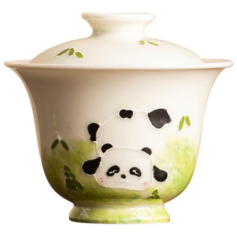 Vẽ tay đống chạm khắc gấu trúc nắp bát trà chén chén trà gia dụng men xám thực vật bộ trà Kung Fu đơn chống bỏng hộp quà