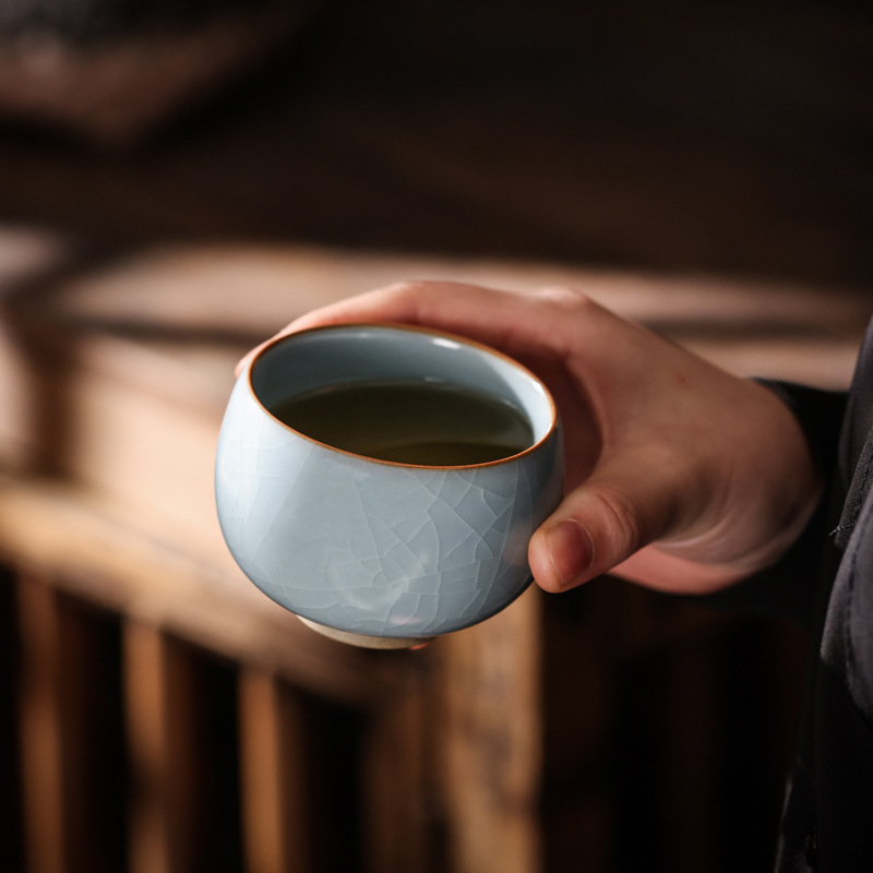 Tách trà gốm, tách chủ, tách nếm Ru kiln, men nứt họa tiết cánh ve, tách cá nhân, có thể dùng làm tách rohan, viền vàng tím.