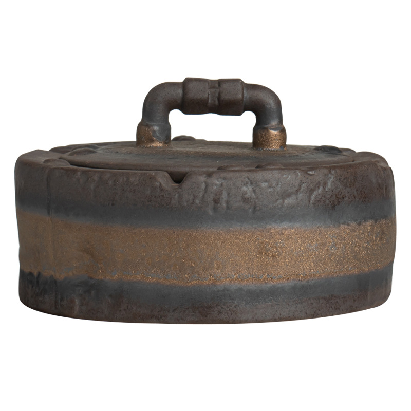 Bán buôn Gạt Tàn Có nắp bằng gốm thô chống bay Xám Zen sáng tạo gia dụng phòng khách văn phòng phong cách retro đồ trang trí bàn trà