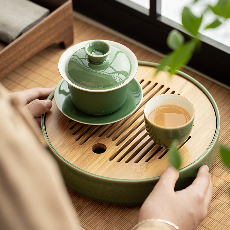 Bát Có Nắp 3 ngăn rộng tráng men xanh Bộ trà Kung Fu gốm đơn dùng trong gia dụng kiểu Nhật Bát pha trà cốc trà cỡ lớn