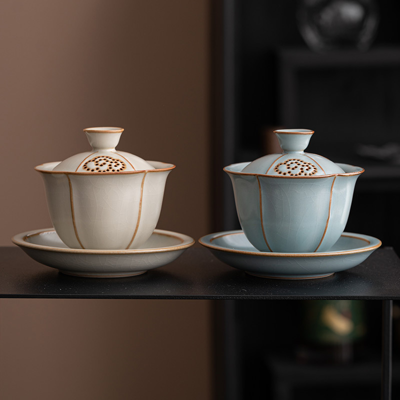 Cốc trà Bát có nắp lò Ru màu vàng cốc trà Bát pha trà cao cấp Kung Fu Đơn Gia dụng bát có nắp Ba tài dụng cụ trà cốc công bằng