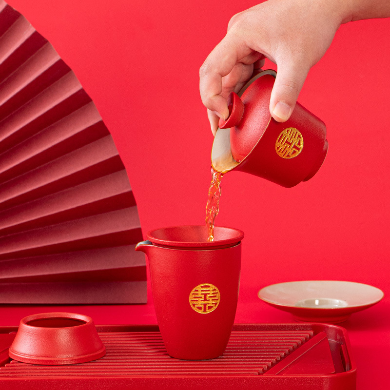 Quà cưới lưu niệm trà cưới cao cấp đặt trà Cưới Quà cưới Tặng cặp đôi cưới Bộ ấm trà có nắp màu đỏ