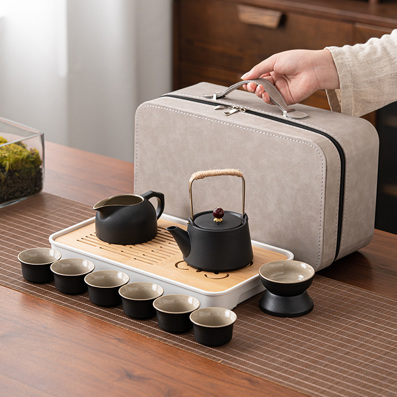 Bộ trà Kung Fu du lịch Nhật Bản bộ nhỏ ấm pha trà cao cấp gia dụng cốc trà gốm sứ khay trà ngoài trời túi xách tay