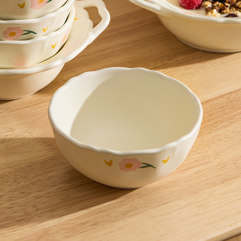 Bát gốm sứ viền hoa mẫu đơn bát cơm bát canh hai tai bát sữa chua ăn sáng gia dụng bát salad giá trị cao