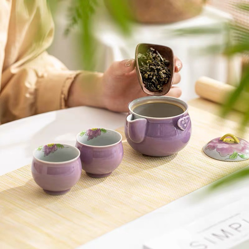 Bộ trà Kung Fu hoa mẫu đơn tím vẽ tay thực vật màu xám men màu một bình hai cốc bộ đồ du lịch gốm sứ gia dụng
