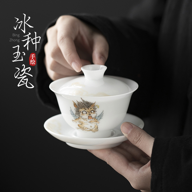 Đá loại ngọc sứ vẽ tay Sơn Hải Kinh Tam tài có nắp bát trà bát trà lớn gia dụng không nóng bát trà cốc trà