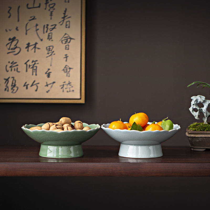 Đĩa trái cây cao bằng gốm Ge Kiln cho phòng khách gia đình, Đĩa trái cây sang trọng nhẹ nhàng cao cấp, Đĩa ăn nhẹ tráng miệng, Đĩa cúng, Đĩa trái cây.