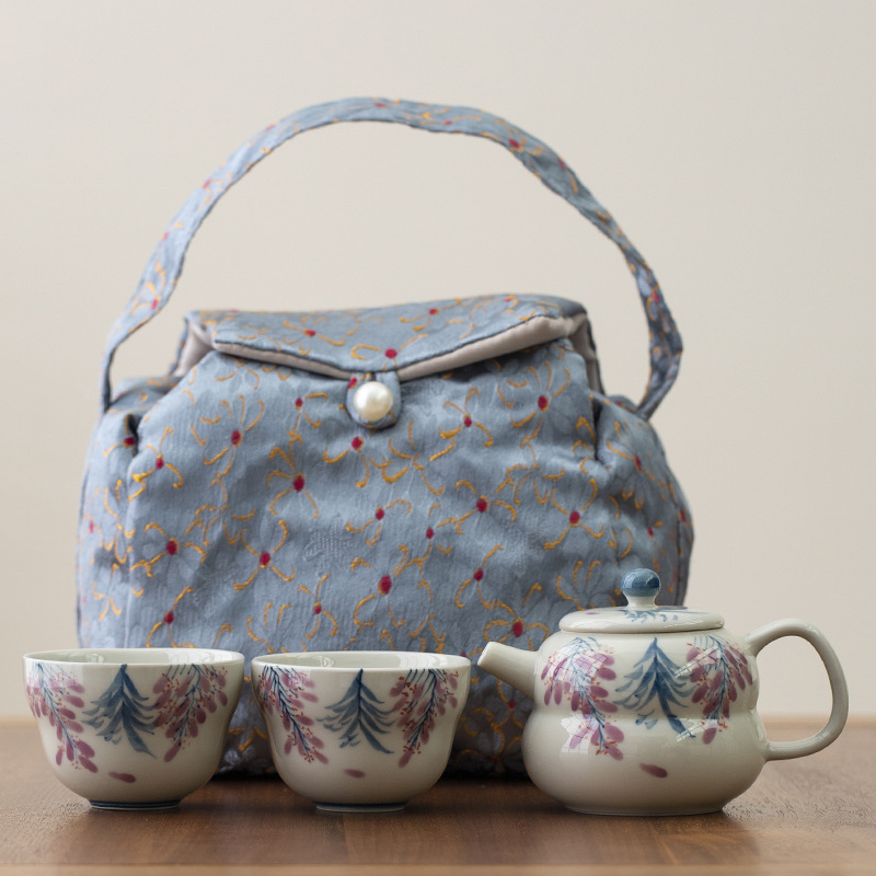 Xám thực vật vẽ tay hoa tử đằng bộ trà công phu ấm trà gốm sứ bộ trà du lịch gia dụng nữ một bình hai cốc
