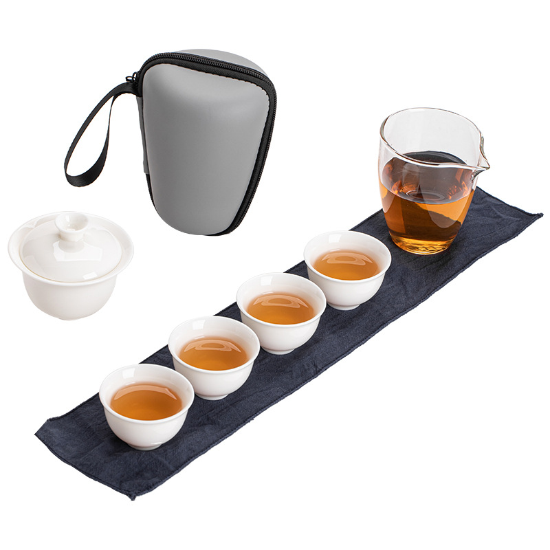 Bộ trà du lịch Yunjian Dehua mỡ cừu ngọc trắng sứ có nắp cốc trà cốc khách nhanh Túi xách tay Bộ trà Kung Fu bộ nhỏ