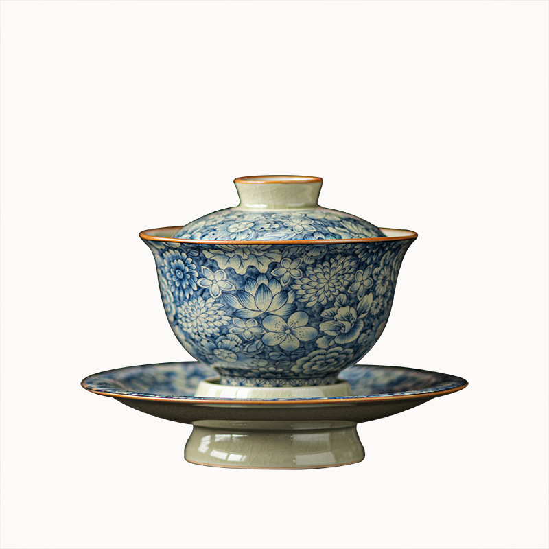 Bát có nắp sứ trắng xanh, cốc trà, bộ bát có nắp ba chỉ mở đơn, bát trà Kung Fu gia dụng có nắp, gốm sứ không nóng