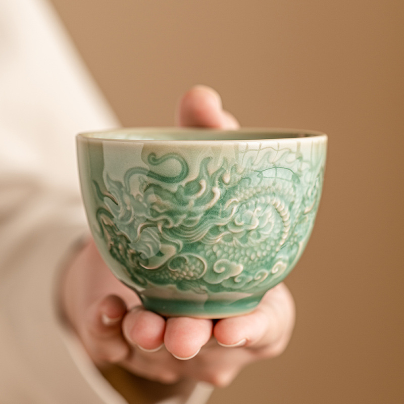 Cốc trà họa tiết rồng chạm nổi tráng men dày đặc, cốc chủ nhân, cốc trà Kung Fu Trung Quốc, cốc bộ trà gốm sứ đơn cao cấp