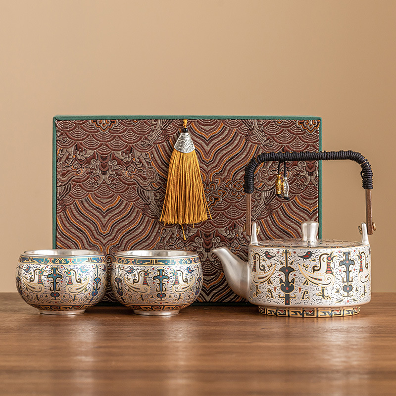 999 mạ bạc Đôn Hoàng mẫu tốt lành một bình hai cốc gia dụng bộ trà Kung Fu Trung Quốc ấm trà tách trà quà tặng