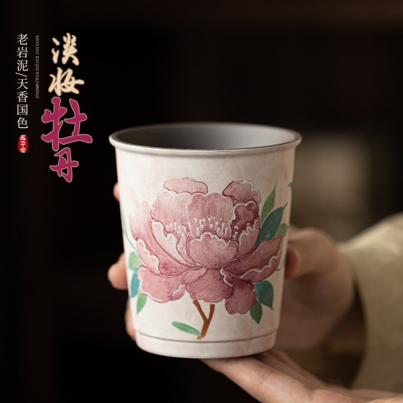 Đá cũ bùn trang điểm nhẹ hoa mẫu đơn cốc cola văn phòng nhà cá nhân cốc uống nước gốm trà chủ cốc quà tặng