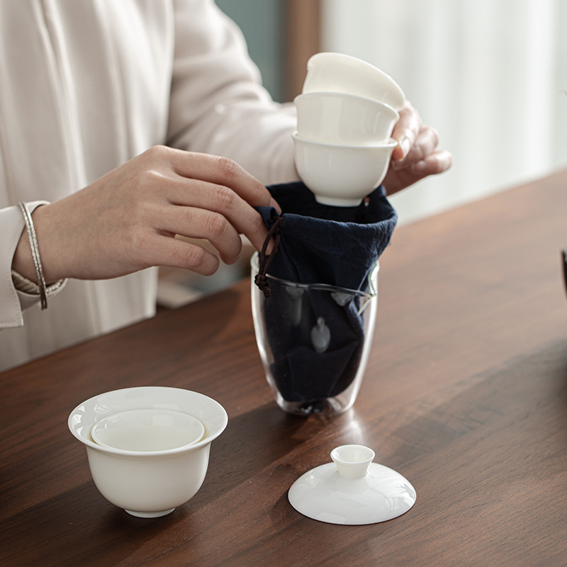 Bộ trà du lịch Yunjian Dehua mỡ cừu ngọc trắng sứ có nắp cốc trà cốc khách nhanh Túi xách tay Bộ trà Kung Fu bộ nhỏ