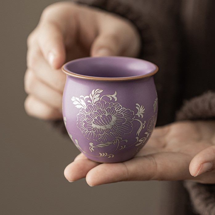 Tách trà hoa mẫu đơn bạc Ru tím Dehua, bộ ấm chén gốm sứ, tách khách, tách đơn, dành cho nữ, phong cách Kung Fu, dùng tại nhà