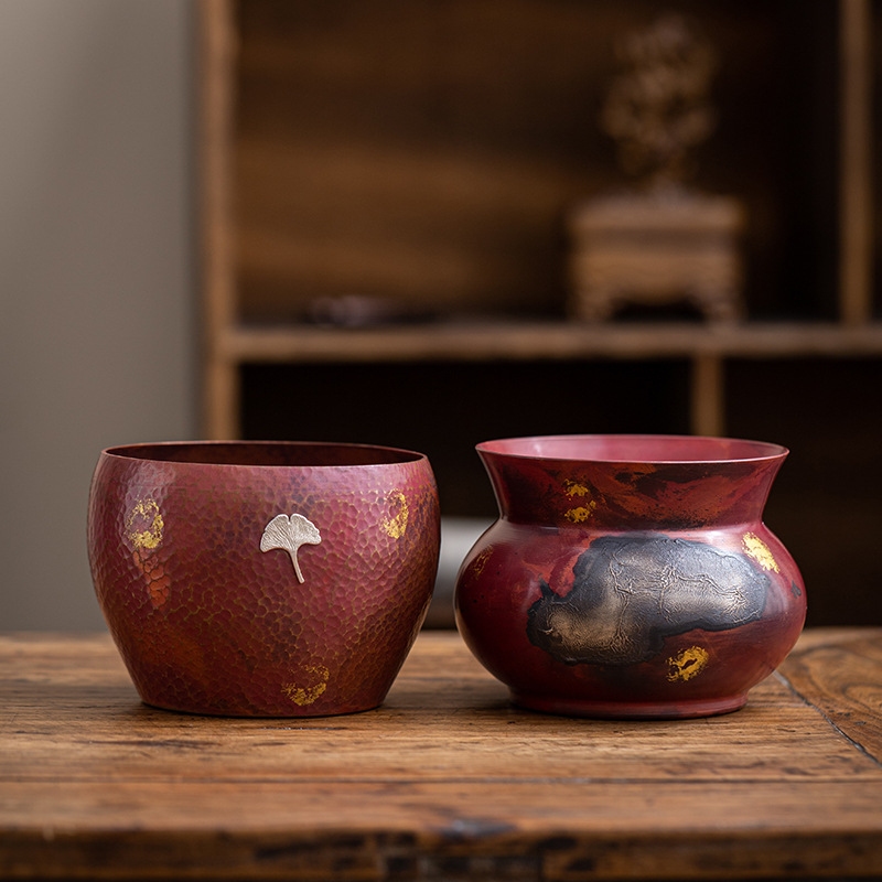 Rửa trà hình búa bằng đồng thủ công, bát trà Jianshui kiểu Nhật, Thùng xỉ trà khô, cốc trà Bạc dát đồng đỏ, rửa bút chậu nước