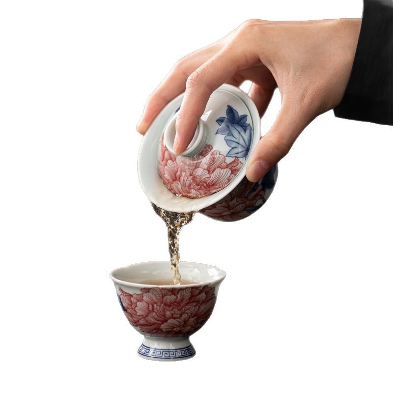 Bộ ấm trà sứ trắng xanh, cốc trà Kung Fu, bát có nắp treo, bát pha trà đơn gốm sứ tiếp khách gia dụng