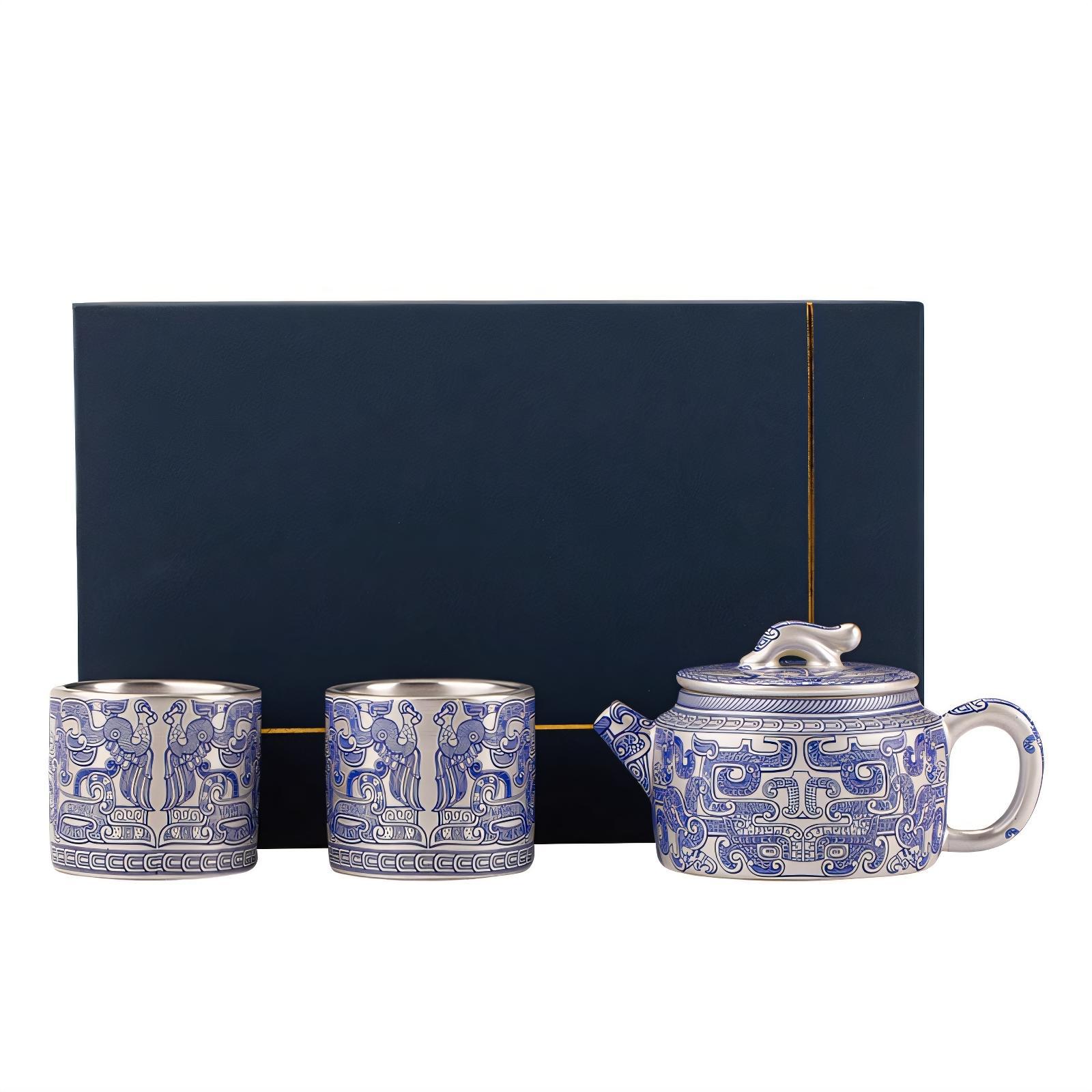 Bộ ấm chén trà mới cao cấp phong cách nhẹ nhàng, màu xanh trắng, tráng bạc, chất liệu gốm sứ cao cấp, tinh xảo, dùng trong gia đình.