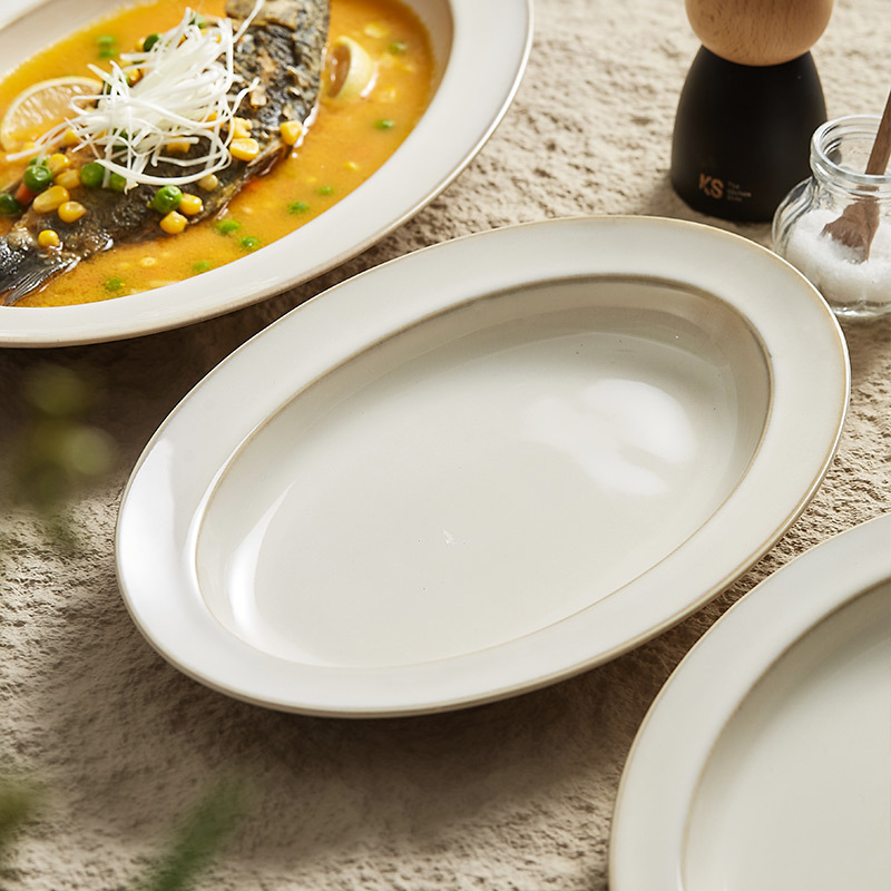 Đĩa cá hoa văn dòng nước màu vàng gạo, đĩa Cá hấp gia dụng, đĩa ăn cao cấp, đặc biệt đẹp mắt, đĩa ăn lạnh hình bầu dục