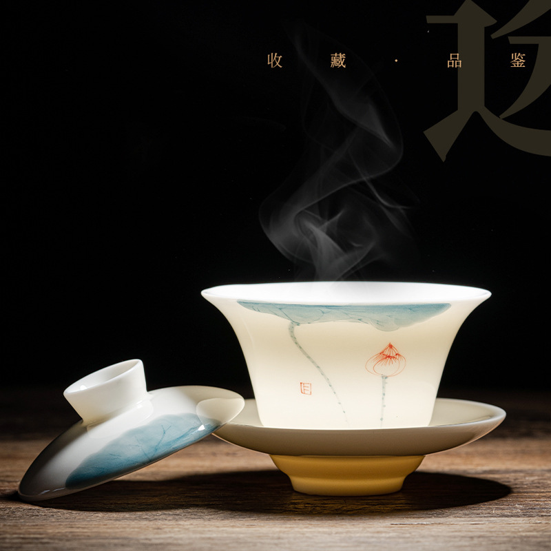 Bát có nắp ba tài bằng ngọc trắng vẽ tay để pha trà, tách trà nổi đơn bằng sứ trắng, bộ trà kung fu bằng gốm.