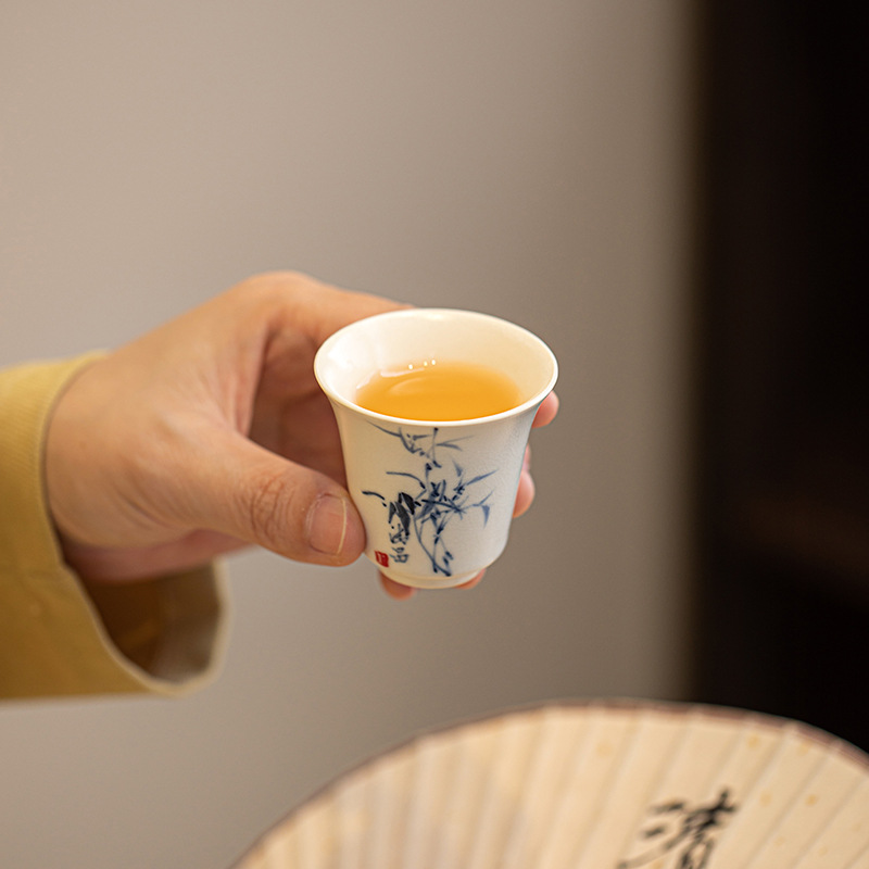 Cốc trà lá tre vẽ tay tráng men soda cốc trà gốm sứ thủ công bộ trà kungfu gia dụng cốc đơn tách trà cá nhân