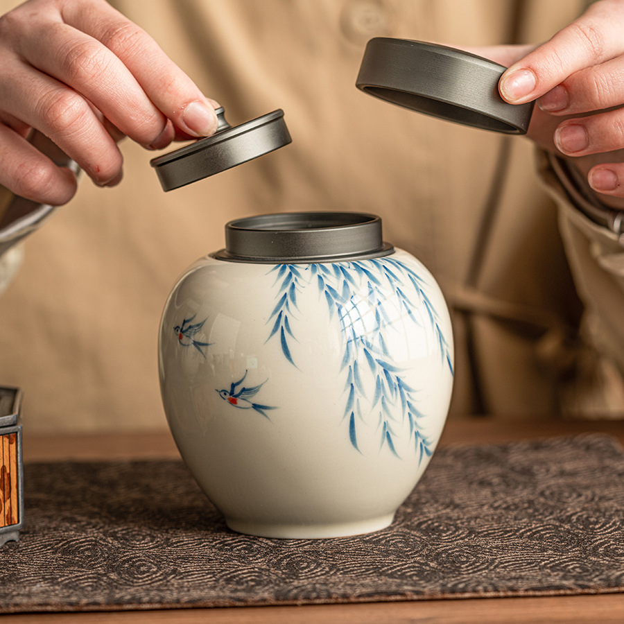 Bình trà Nuan Ying Xinliu, bình kín, bình trà có nắp hợp kim nhôm cao cấp cầm tay, bình bảo quản Gốm chống ẩm