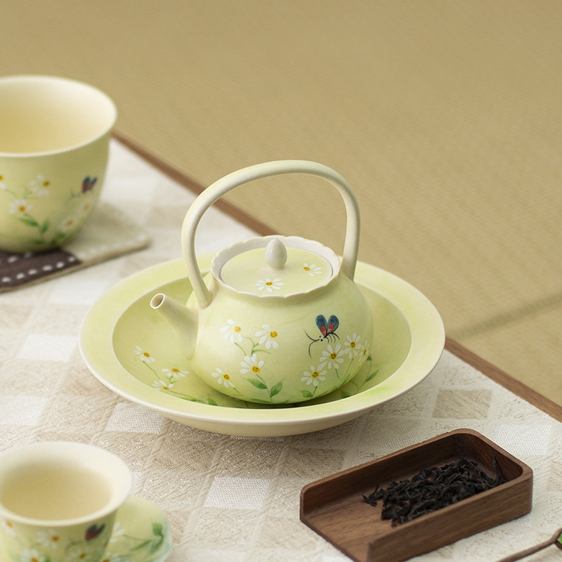 Ấm trà vẽ tay, ấm trà hoa cúc tráng men màu, ấm đơn cổ điển, dụng cụ pha trà gốm sứ cao cấp gia dụng