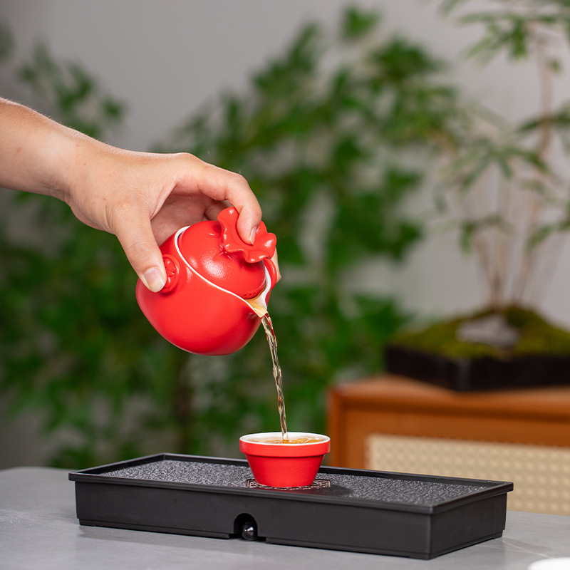 Bộ ấm chén sứ đen, một ấm ba chén, bộ ấm trà tiện lợi, bộ du lịch, túi du lịch, quà tặng, có thể thêm logo