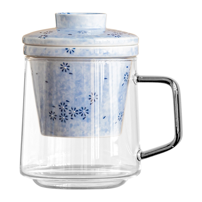 Cốc mug hoa cúc xanh có nắp, cốc tách trà có giá trị cao, cốc thủy tinh vẽ tay tinh tế, cốc pha trà