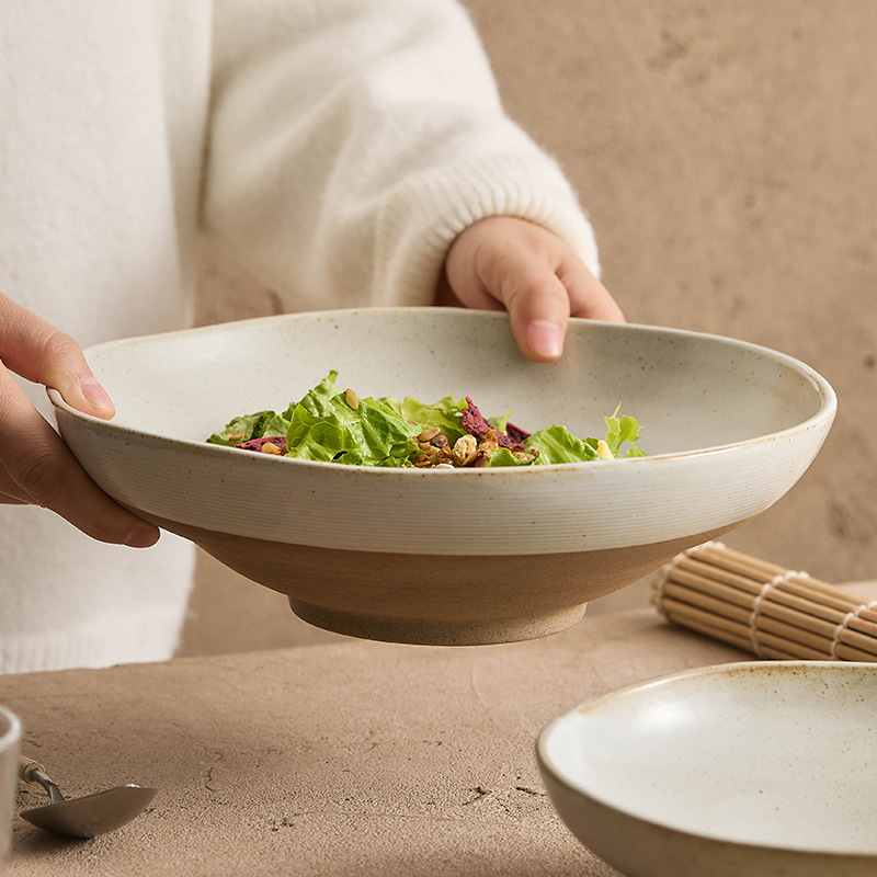 Bát canh gốm thô, bát đựng cá bắp cải muối gia dụng, bát lớn, bộ đồ ăn bằng sứ sáng tạo có ren kéo tay, bát ăn, bát mì thương mại
