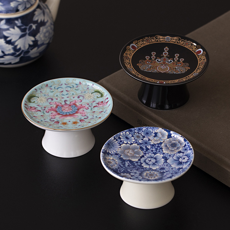 Phụ kiện trà đạo Kung Fu cao cấp tráng men trắng xanh gia dụng cổ điển ốp sứ nắp nắp bát