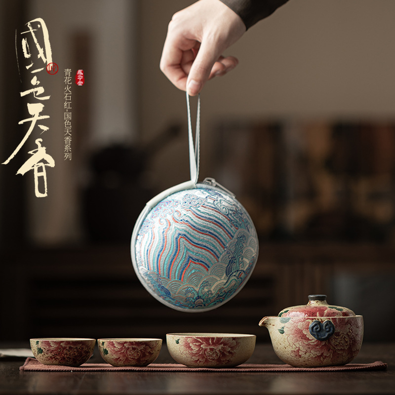 Bộ trà du lịch màu xanh và trắng, đá lửa đỏ, ấm gốm sứ, ba cốc, cốc chở khách di động, bộ trà du lịch xe hơi ngoài trời