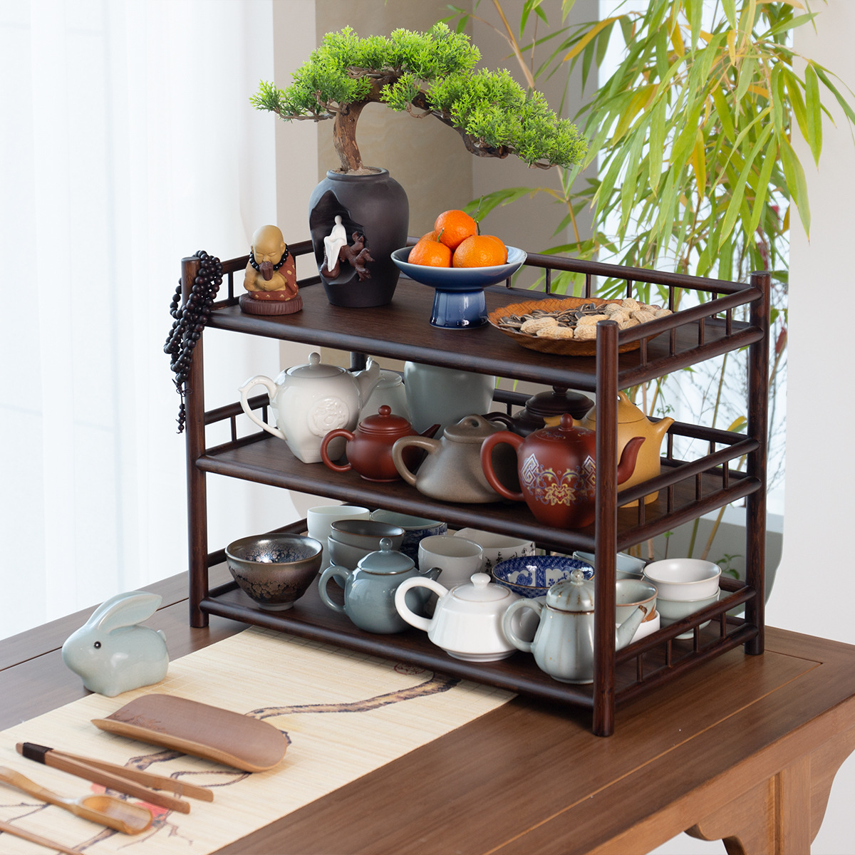 Giá để cốc tre ba tầng, giá đựng ấm trà, giá trưng bày tủ, giá để lá trà, giá trưng bày ba tầng cỡ lớn.