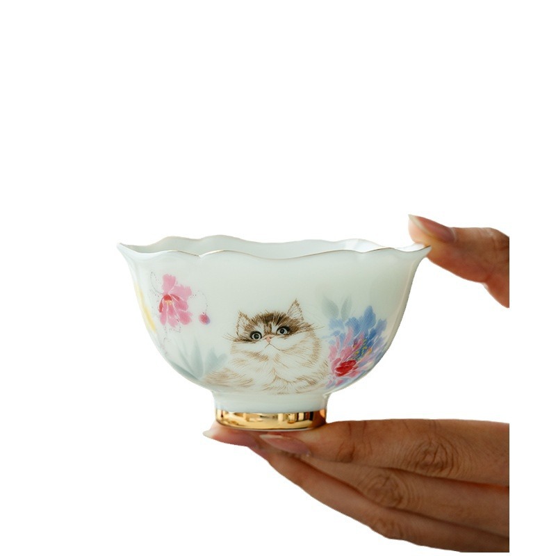 Cốc chủ nhân mèo bằng sứ trắng ngọc bích cốc đơn tách trà cốc đơn Bộ trà gốm sứ hộp quà trái tim thiếu nữ