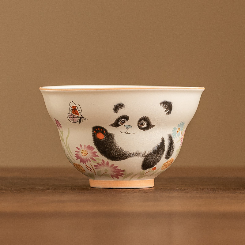 Cốc trà gấu trúc tráng men màu vàng cốc chủ nhân cốc trà Kung Fu dung tích lớn cốc trà gốm sứ cốc trà hộp quà