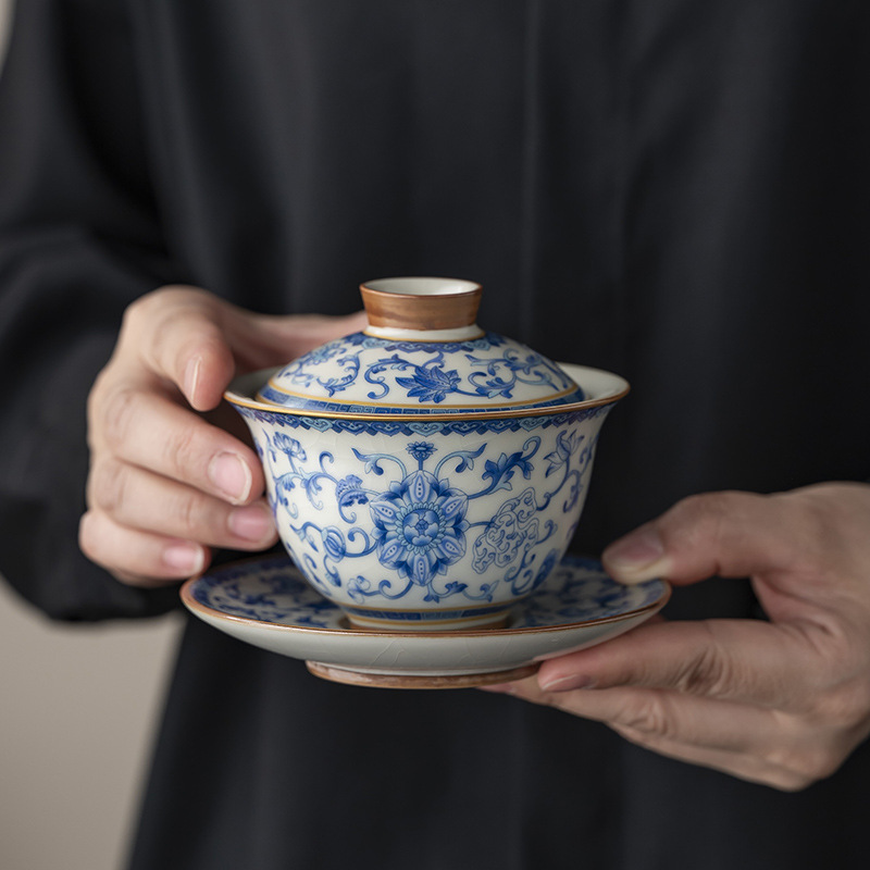 Jingdezhen màu xanh và trắng với hoa sen Ruyao bát có nắp ba chỉ gốm sứ không nóng một cỡ lớn bát trà Kung Fu Trung Quốc