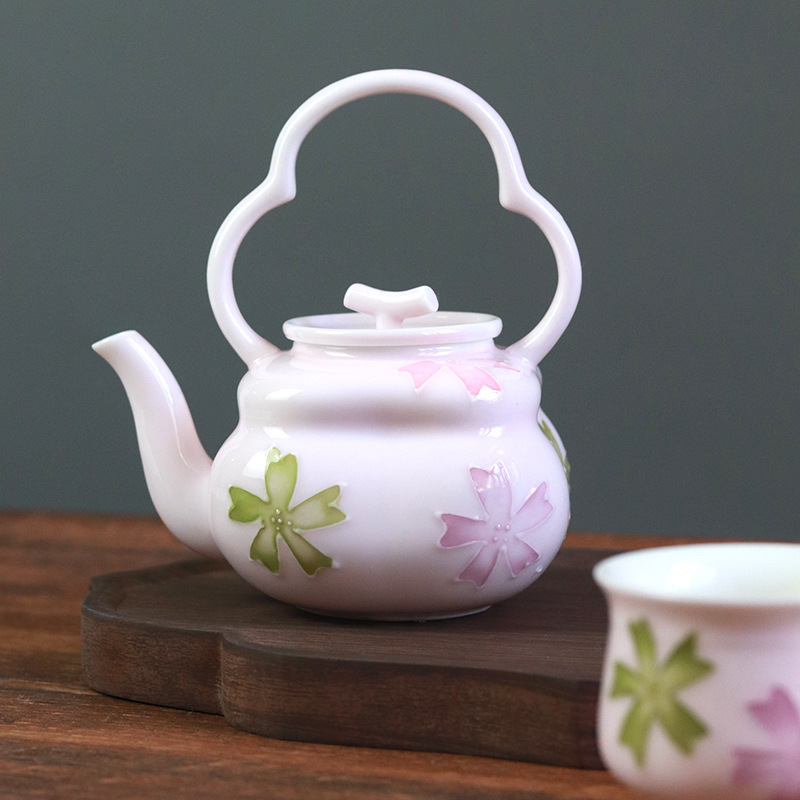 Ấm trà màu sơn bóng Arita vẽ tay ấm trà màu hồng hoa anh đào ấm trà gốm sứ Kung Fu ấm trà đơn giản gia dụng