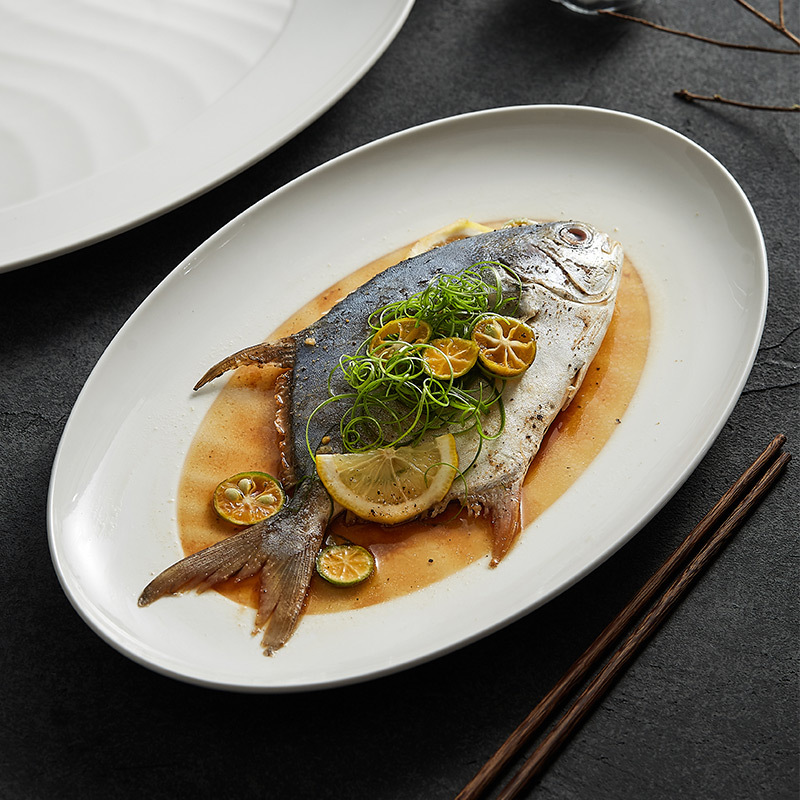 Đĩa cá viền rộng, đĩa Cá hấp cỡ lớn gia dụng, đĩa ăn cá cao cấp, đĩa bày đĩa gốm hình bầu dục kiểu Nhật