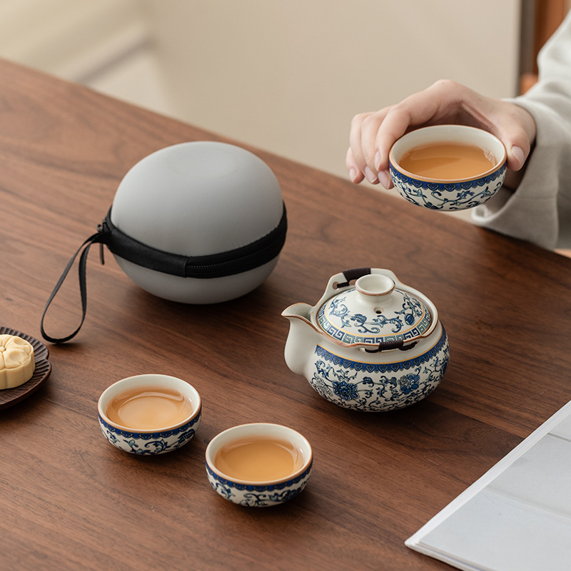 Bộ trà du lịch lò Ru màu be trắng xanh một ấm ba cốc gốm sứ cốc pha trà cốc pha trà ngoài trời bát trà có nắp