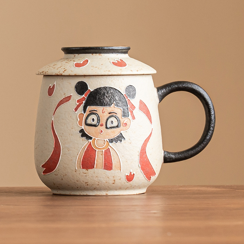 Cốc văn phòng Nezha đỏ đá lửa trắng xanh cốc chuyên dụng cá nhân cao cấp cốc pha trà gốm sứ cốc có nắp cốc nước