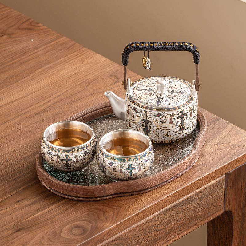 999 mạ bạc Đôn Hoàng mẫu tốt lành một bình hai cốc gia dụng bộ trà Kung Fu Trung Quốc ấm trà tách trà quà tặng