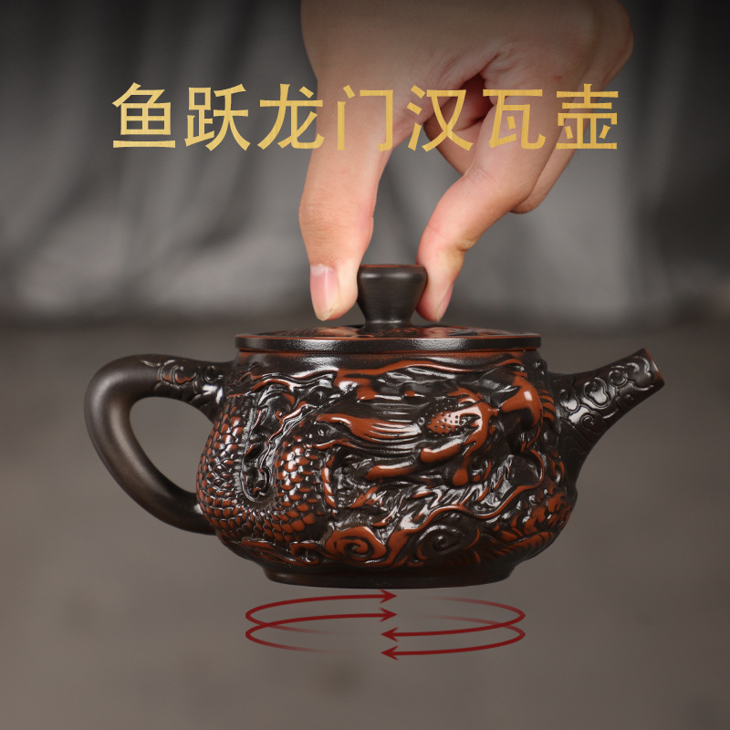 Ấm trà gốm tím Jianshui, ấm trà ngói Hán khắc thủ công, ấm trà Fengming có thể nâng xoay, bộ ấm trà gia dụng