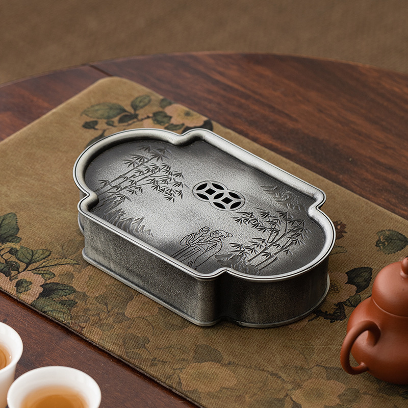 Bình hợp kim cổ điển kiểu Nhật, khay pha khô cũ, khay pha trà, khay đựng cốc trà, khay chứa nước trà đạo, khay rửa bình
