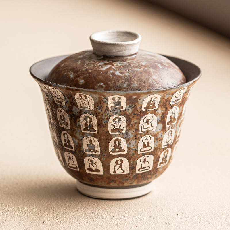 Bát trà có nắp dòng Vạn Phật mạ bạc cốc trà dụng cụ pha trà Kung Fu kiểu Trung Quốc gia dụng Bát trà đơn cao cấp có nắp