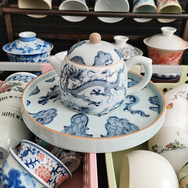 Ấm trà hoa văn rồng trắng gốm sứ Jingdezhen ấm lọc bộ trà Kung Fu gia dụng cao cấp ấm pha trà có khay đựng trà