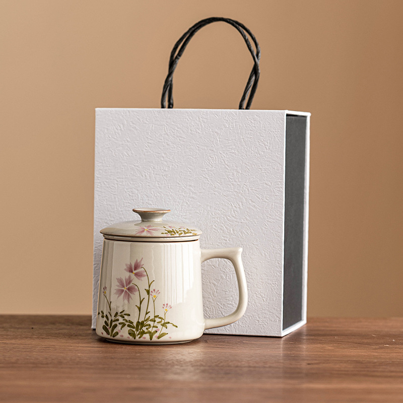 Ly trà hoa cúc vẽ tay, tách trà nước, ly văn phòng có lưới lọc, cốc gốm sứ gia dụng có nắp